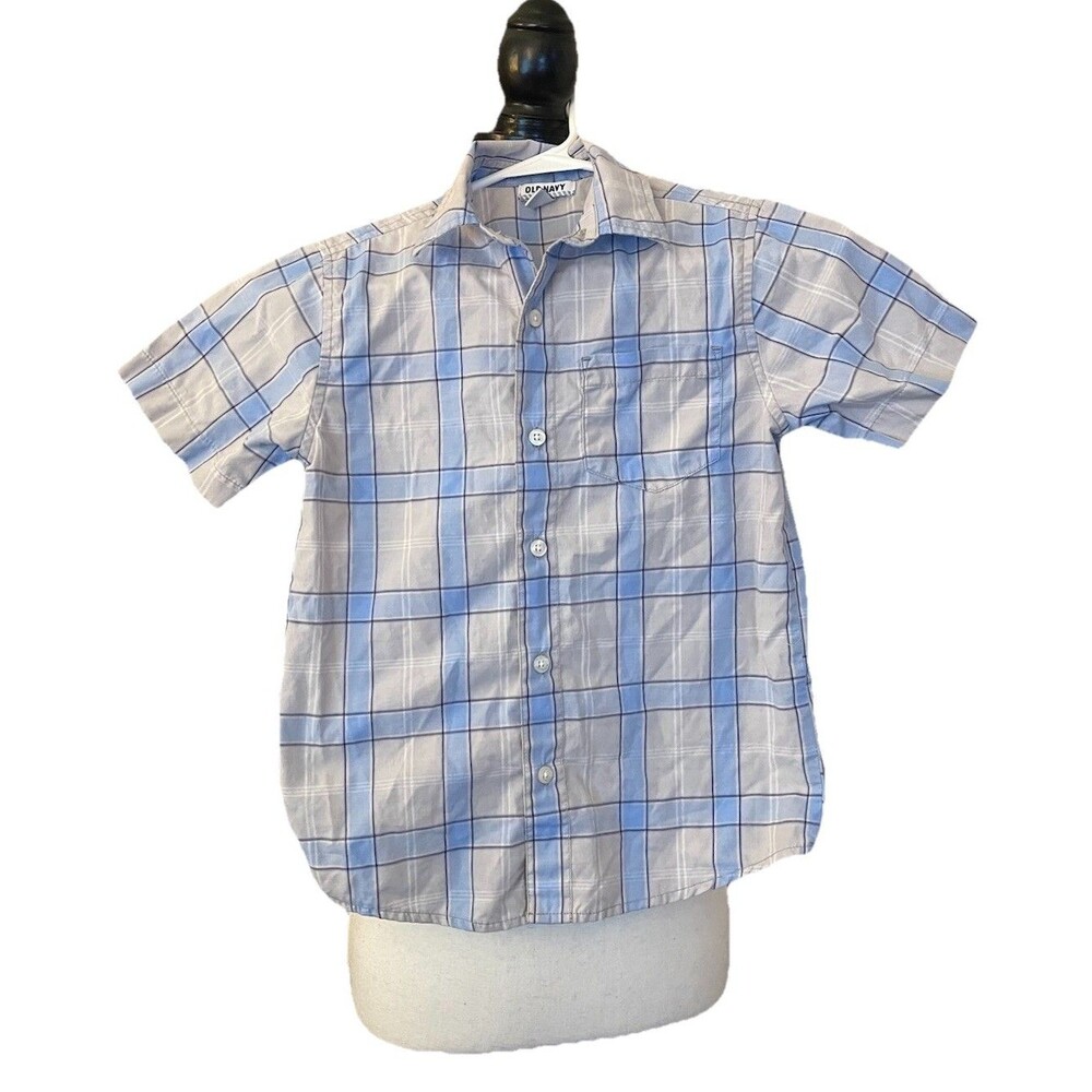 Old Navy Boys Small/Petite Plaid Short Sleeve Button-Up Shirt White Navy